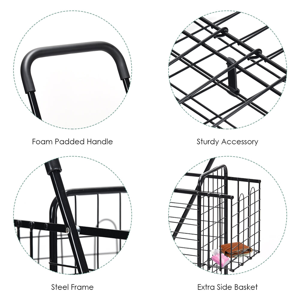 Folding shopping cart with adjustable handle, sturdy steel frame, and extra side basket for convenient storage.