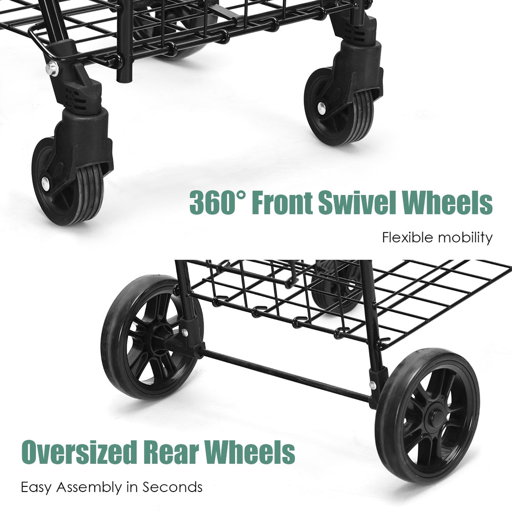Detail of the folding shopping cart's 360° front swivel wheels and oversized rear wheels for easy mobility and.