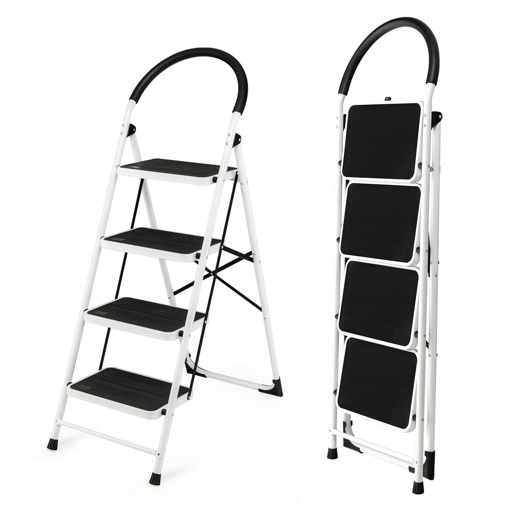 4-step folding ladder with anti-slip pedal platform, sturdy iron construction, ideal for home and office use.