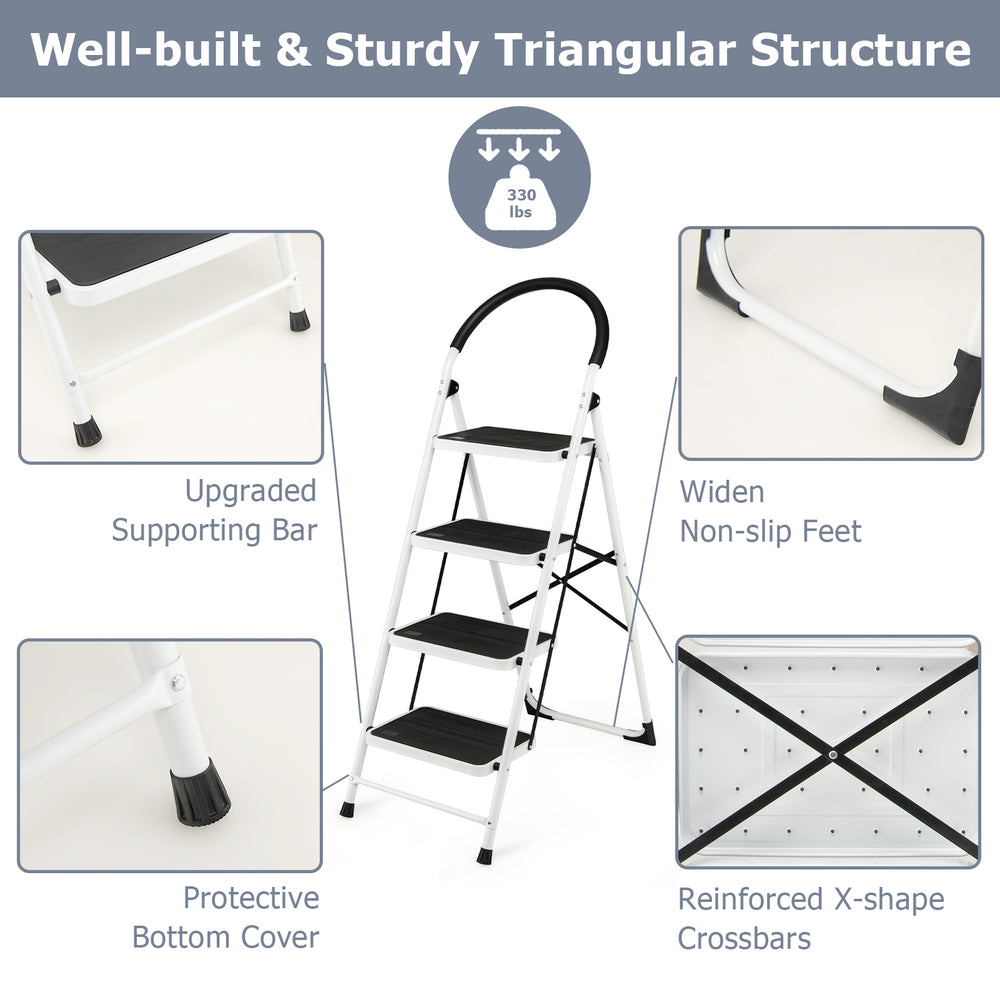 4-step folding ladder with anti-slip pedal platform, sturdy iron construction, and non-slip feet for safe use.