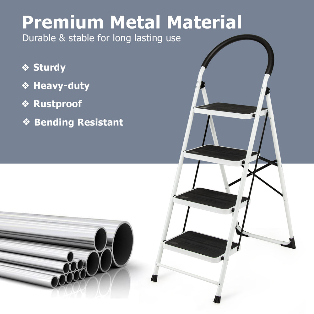 4-step folding ladder with anti-slip pedal platform, heavy-duty iron construction, 330 lbs capacity, ideal for home use.
