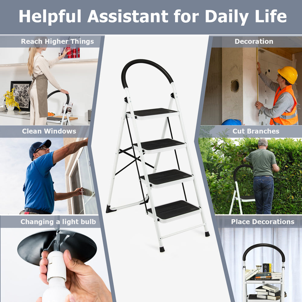 4-step folding ladder with anti-slip pedal platform, sturdy iron construction, ideal for home and office tasks.