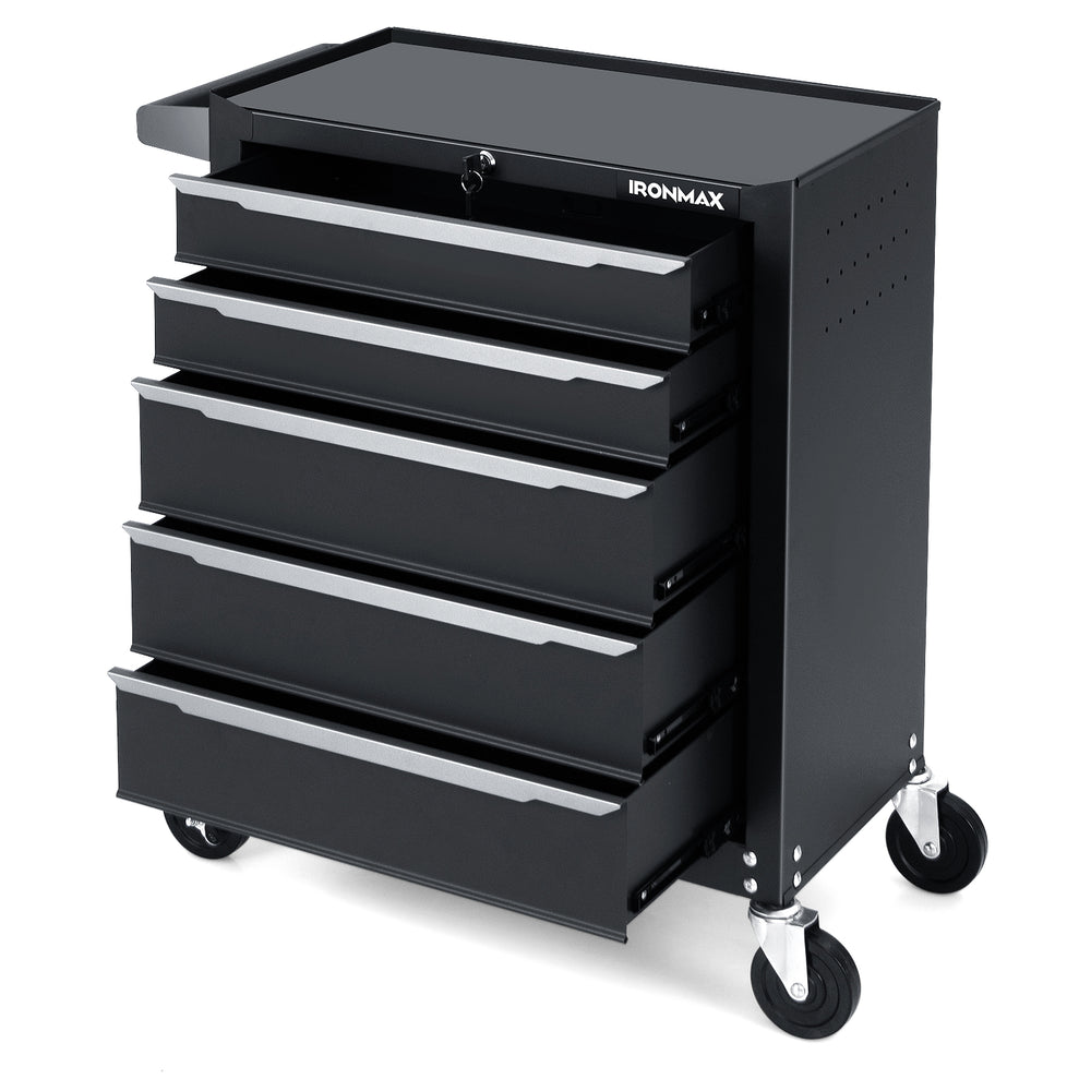 5-drawer tool storage cabinet in black with a top platform, featuring pre-drilled holes for hooks for versatile.