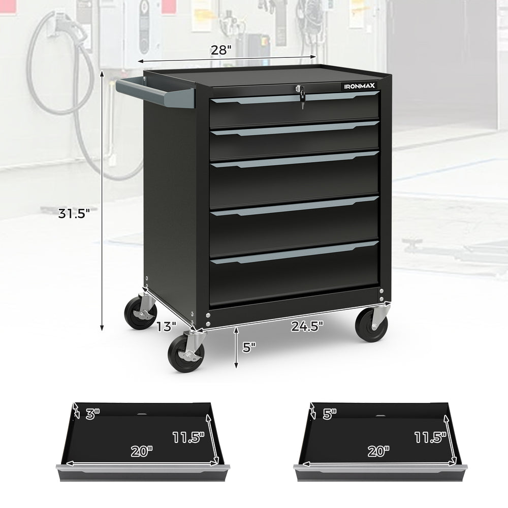 5-drawer tool storage cabinet in black featuring pre-drilled holes for hooks, ideal for organizing tools in workshops.