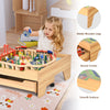 Kids wooden train set table with 100 colorful pieces, featuring sturdy legs and lockable wheels for easy movement.