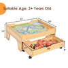 Kids wooden train set table with colorful pieces, storage drawer, and lockable wheels for safe and imaginative play.