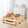 Kids wooden train set table with 100 colorful pieces, featuring lockable wheels and sturdy legs for safe play.