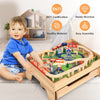Kids wooden train set table featuring 100 colorful pieces, sturdy structure, and lockable wheels for easy movement.