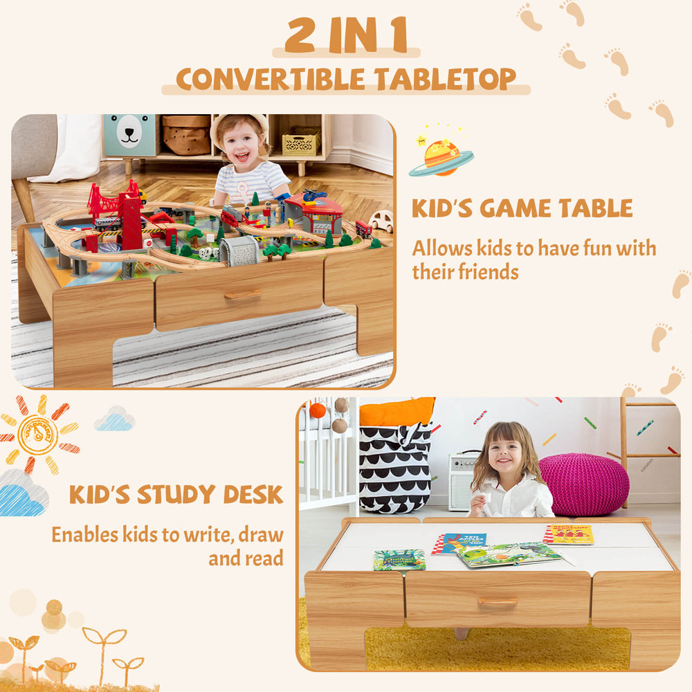 Convertible tabletop showing a kid's game table and study desk, featuring a wooden train set and storage drawer for.