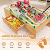 Double-sided wooden train set table with 100 pieces and large storage drawer for kids' imaginative play and.