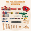100-piece wooden train set accessories including railways, figures, vehicles, and buildings for imaginative play.