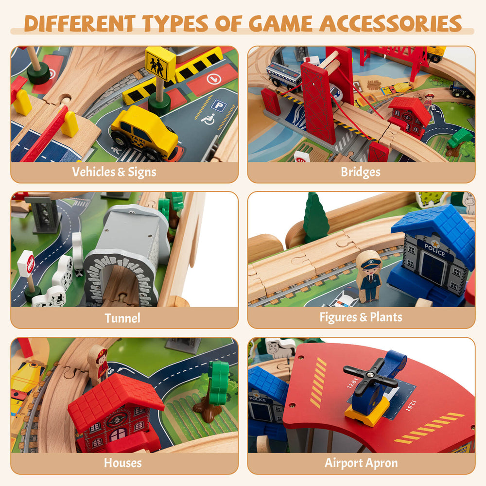 Wooden train set accessories including vehicles, signs, houses, and figures for imaginative play and town building.