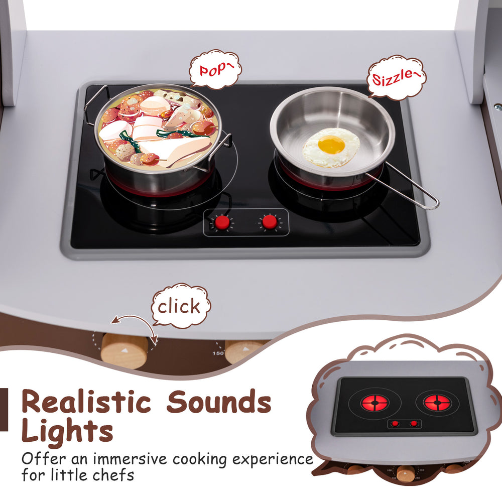 Toddler kitchen playset with realistic sounds, featuring pots on a stovetop for immersive cooking fun for kids.