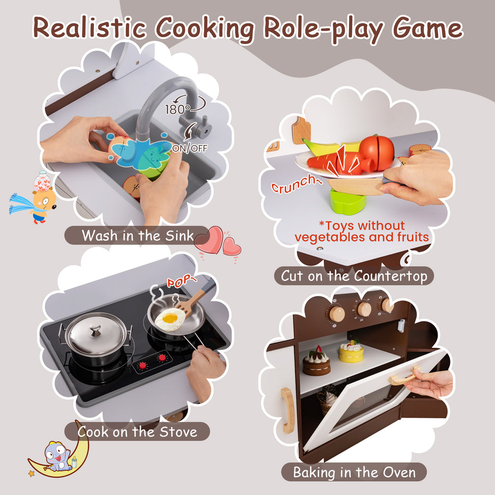 Toddler kitchen playset featuring a sink, stove, and microwave, designed for immersive role-play and organization.