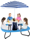 Toddler outdoor activity table with adjustable umbrella, featuring a sturdy metal frame, perfect for up to 8 kids.