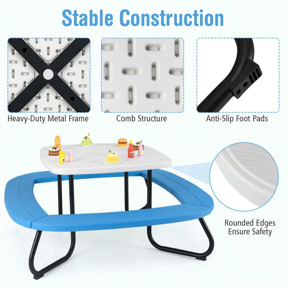 Toddler outdoor activity table with heavy-duty metal frame, adjustable umbrella, and rounded edges for safety and.