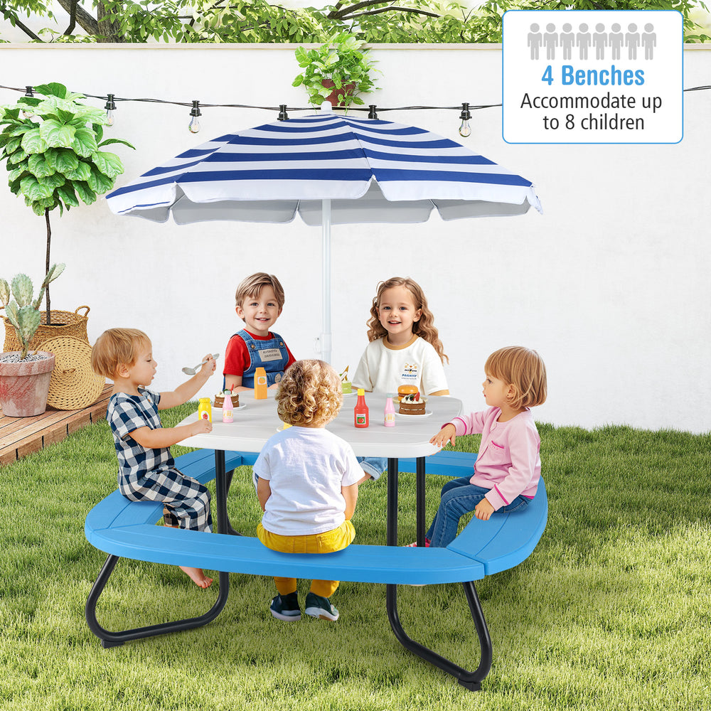 Toddler outdoor activity table with adjustable umbrella, seating up to 8 kids, perfect for playtime in backyards or.