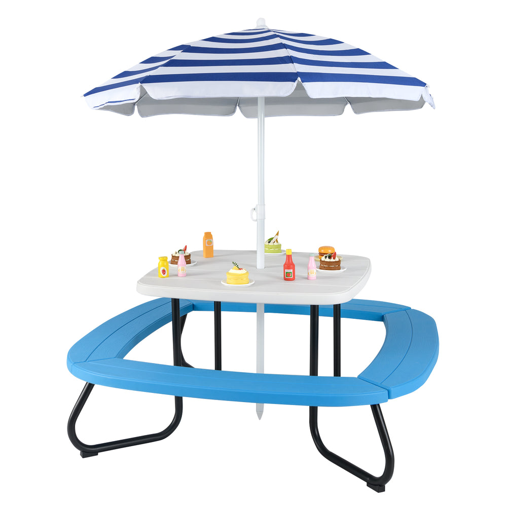 Toddler outdoor activity table with adjustable umbrella, featuring a sturdy metal frame, ideal for playtime and.