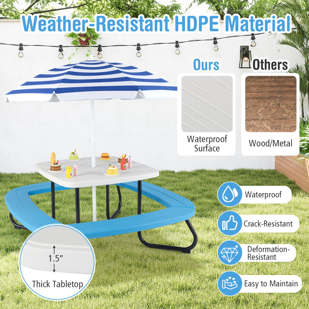 Toddler outdoor activity table with adjustable umbrella, made of weather-resistant HDPE for durability and safety.