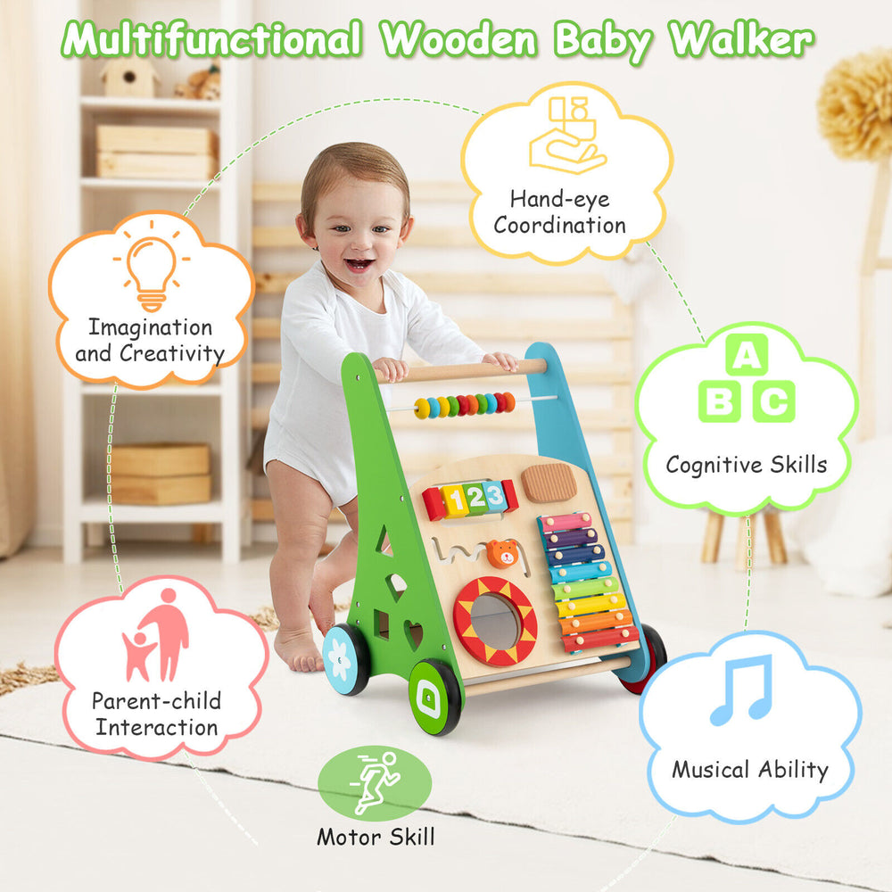 Toddler push walker activity center toy with ergonomic design, smooth handle, and multiple built-in games for skill.