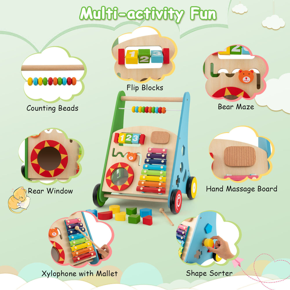 Toddler push walker activity center with xylophone, shape sorter, and counting beads for fun and skill development.