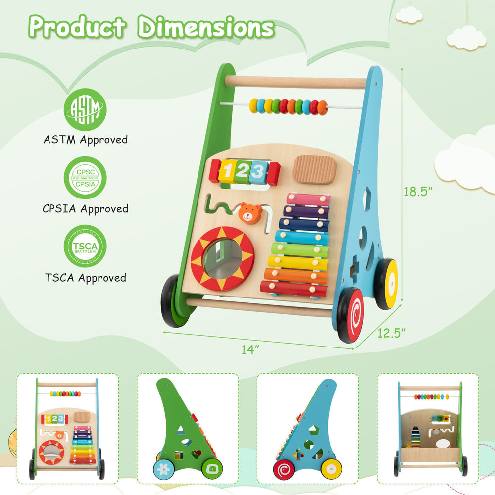 Toddler push walker activity center toy in blue and wood, featuring games, storage, and premium rubber wheels for safe.