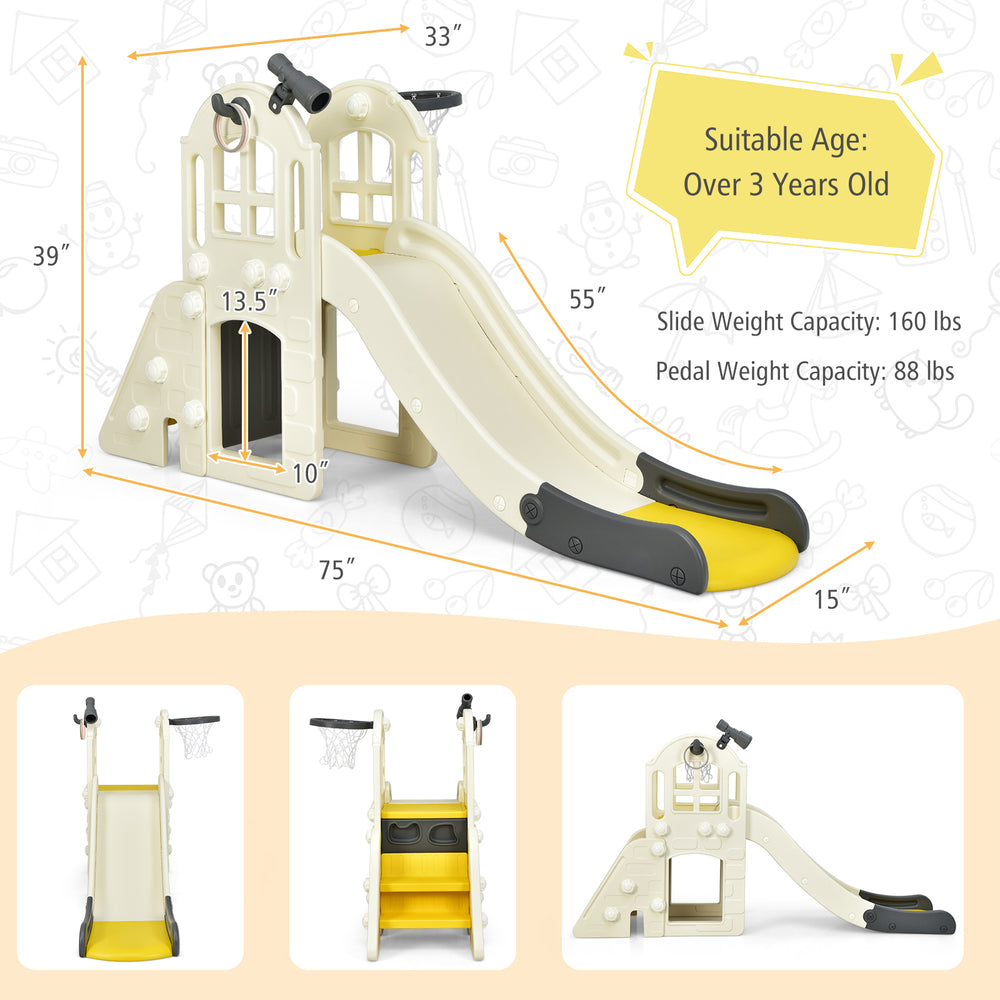Large kids' slide playset in yellow with climber, basketball hoop, and tunnel for indoor or outdoor fun.