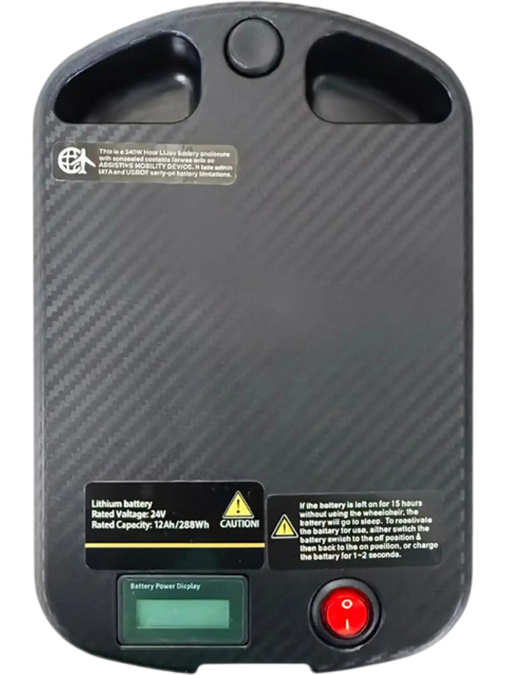 Air Elite Max Battery with warning labels and view of on off button on a white background