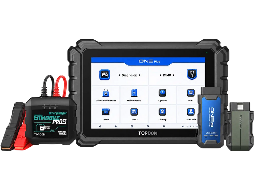 Front side of TOPDON ONE Plus with VCI and included products TopScan Master and BTMobile ProS