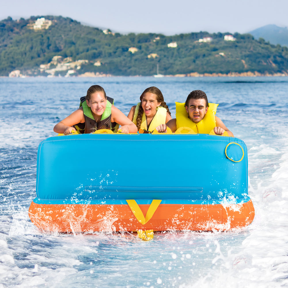 Towable tube for 3 riders with nylon cover, featuring comfortable backrest and dual towing points for water sports fun.