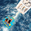 Towable tube for 3 riders with nylon cover, featuring a comfortable backrest, being towed by a boat on water.