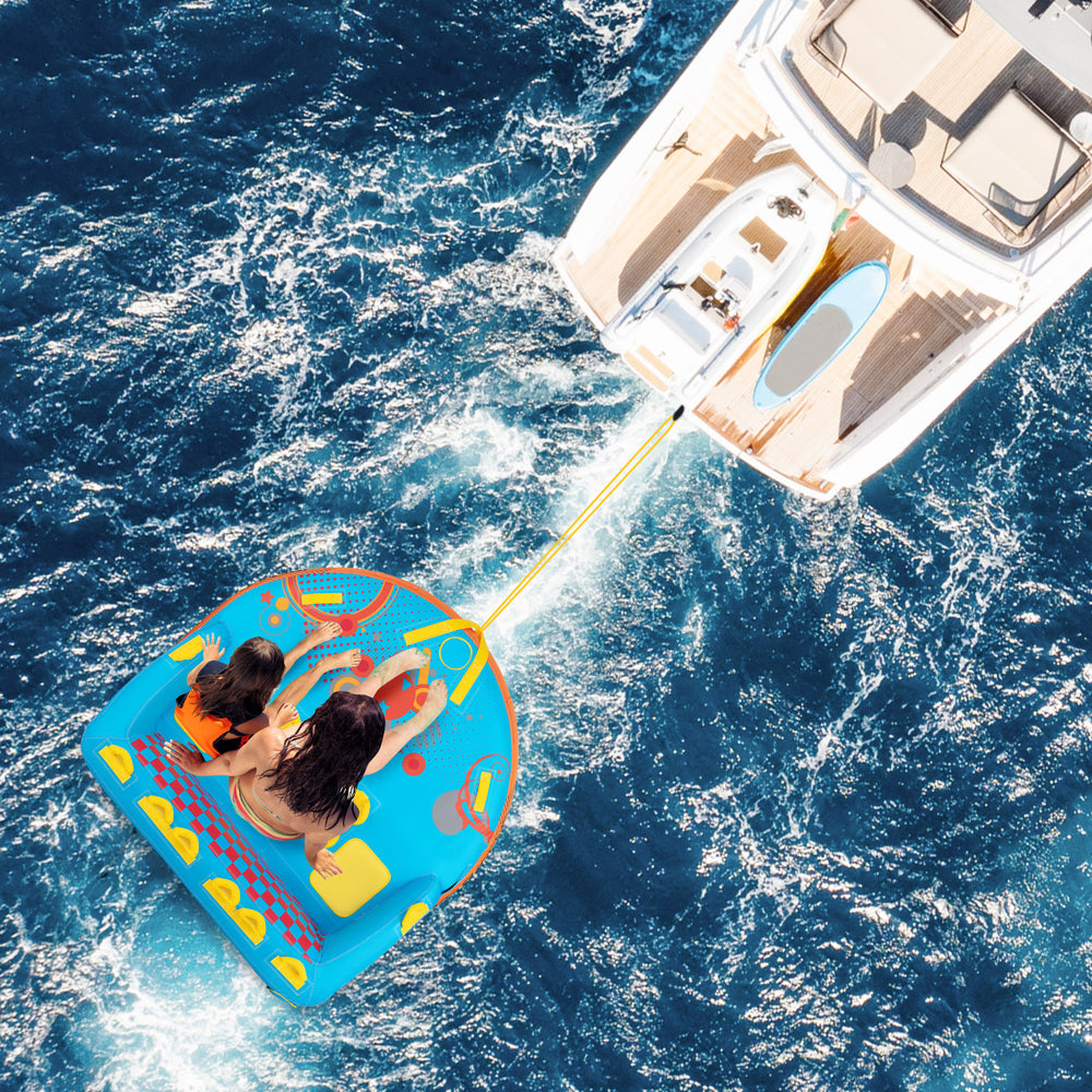 Towable tube for 3 riders with nylon cover, featuring a comfortable backrest, being towed by a boat on water.