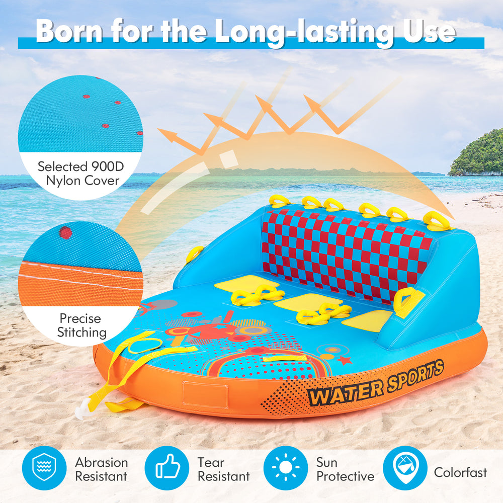 Inflatable towable tube for 3 riders with 900D nylon cover, designed for comfort and stability on water adventures.