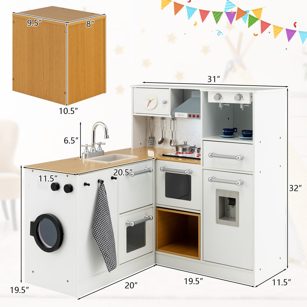 Wooden kids kitchen playset with light and sound, featuring multiple storage areas and realistic cooking accessories.