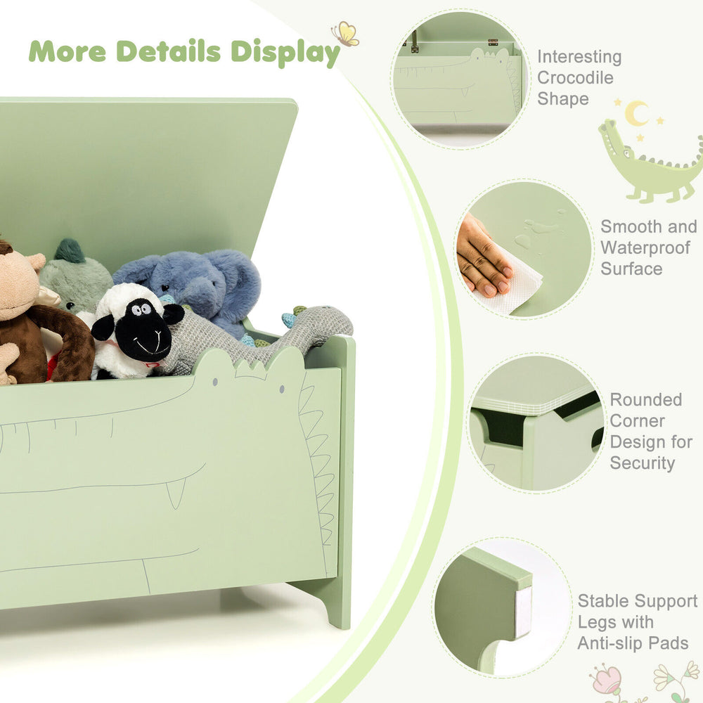 Green wooden kids toy box in cute crocodile shape with safety hinge and waterproof surface, perfect for children's.