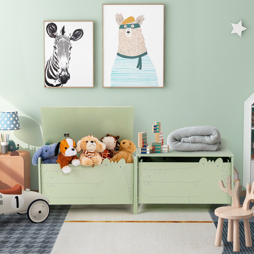 Green wooden kids toy box in crocodile shape with safety hinge, perfect for organizing toys in a children's room.