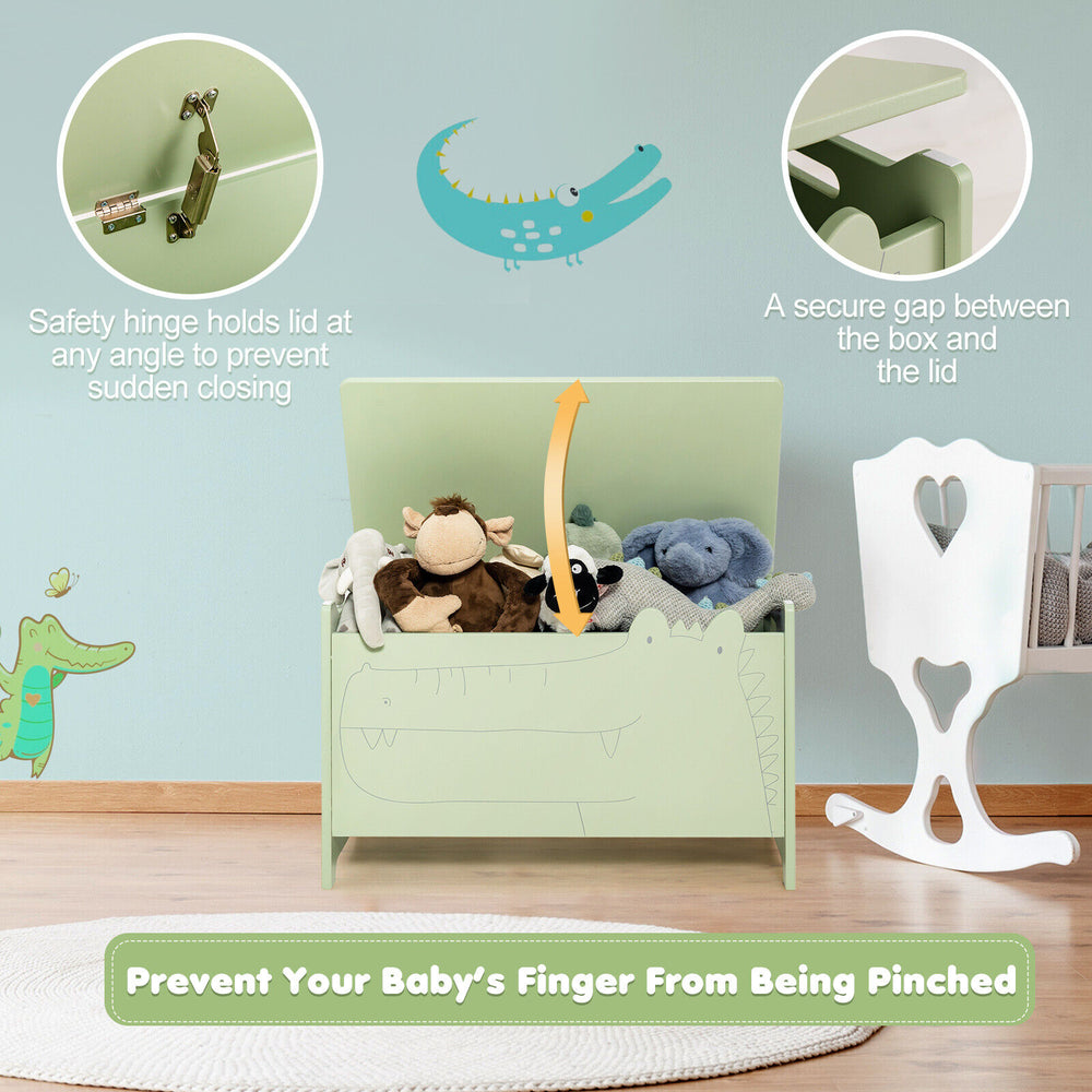 Wooden kids toy box in green with crocodile design, featuring a safety hinge and handles for easy movement and storage.