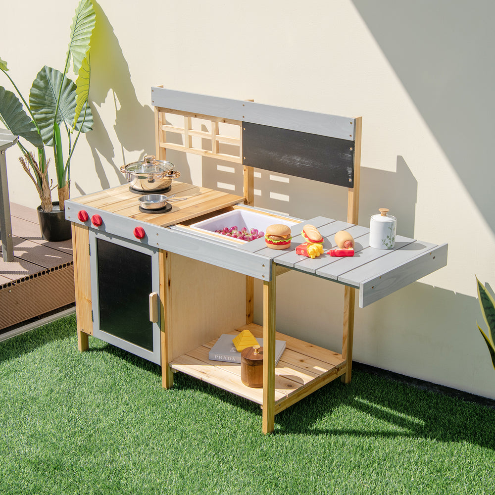Outdoor kid's mud kitchen set with detachable water box, featuring a movable countertop and large stovetop for creative.
