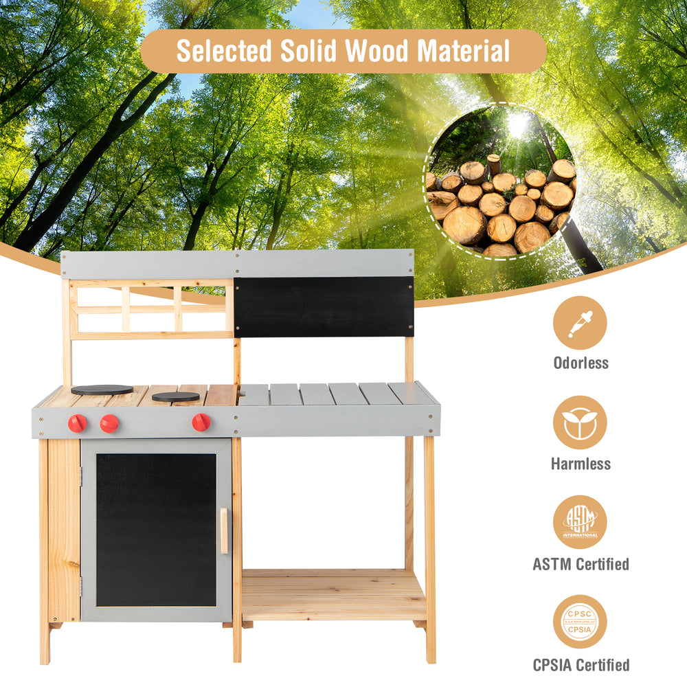 Outdoor kid's mud kitchen set made of odorless fir wood, featuring a movable countertop and detachable water box for.