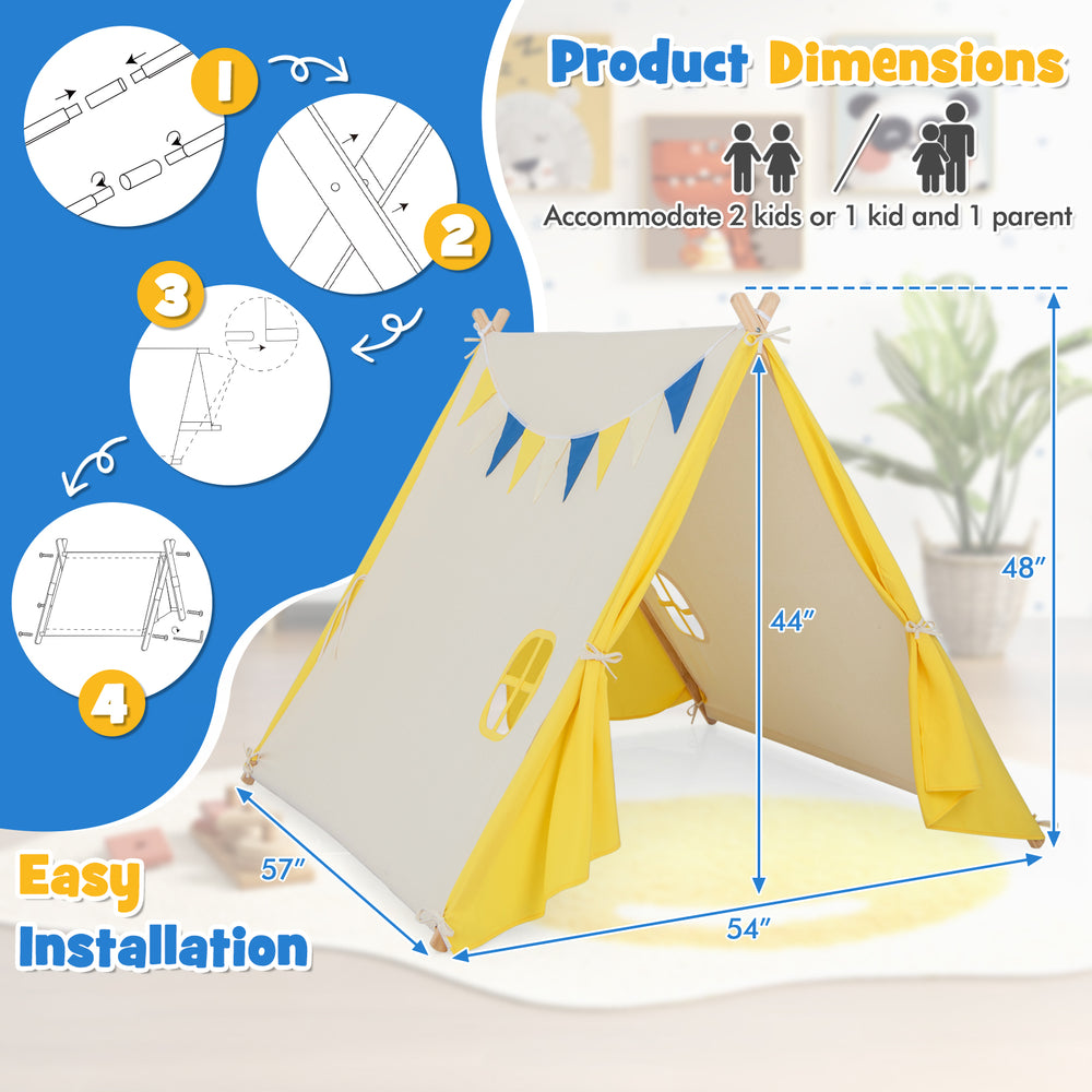 Kids play tent with solid wood frame, yellow polyester cotton canopy, dimensions 57"x54"x48", perfect for indoor and.