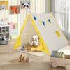 Kids play tent with solid wood frame in yellow, featuring cute windows and flags, perfect for indoor and outdoor fun.