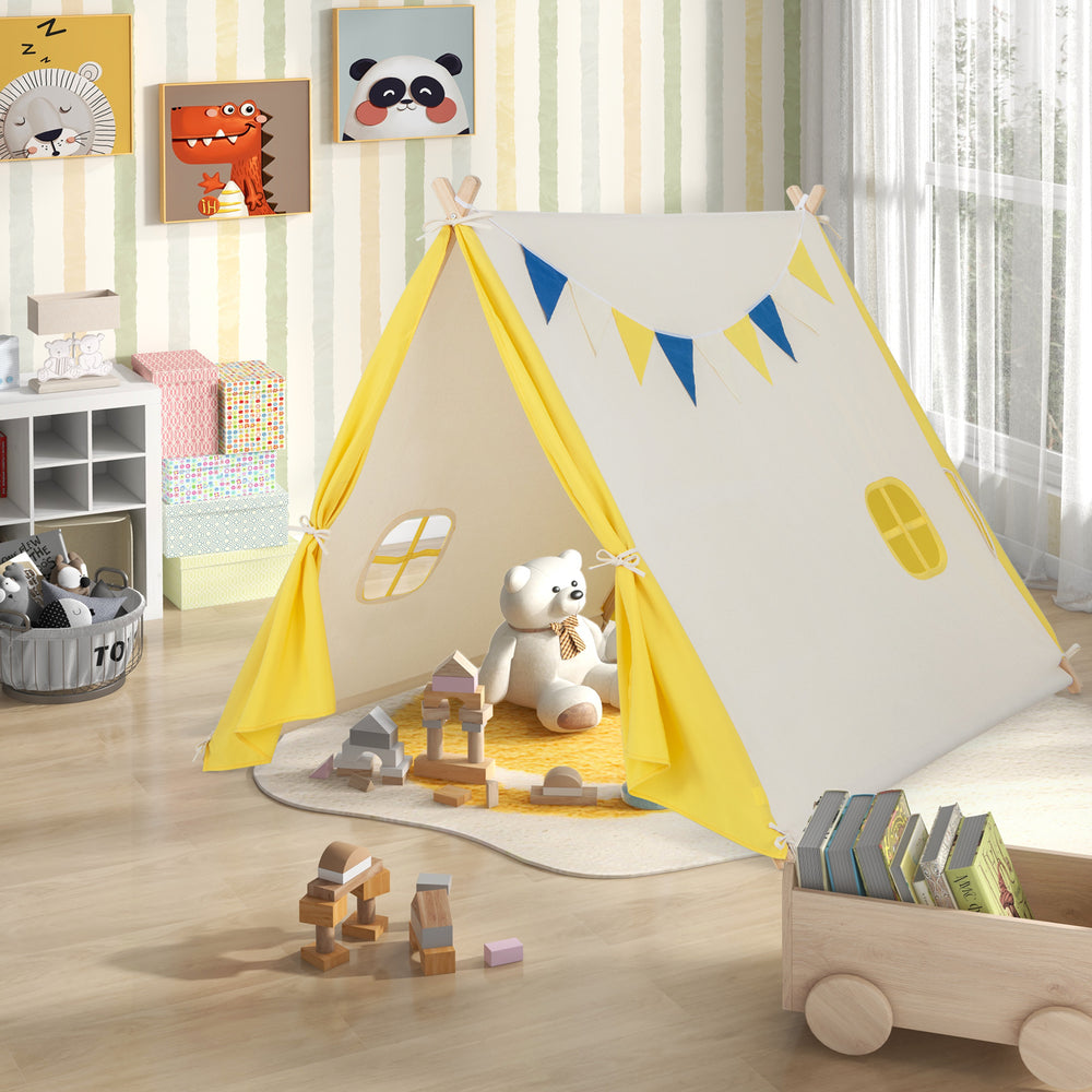 Kids play tent with solid wood frame in yellow, featuring cute windows and flags, perfect for indoor and outdoor fun.