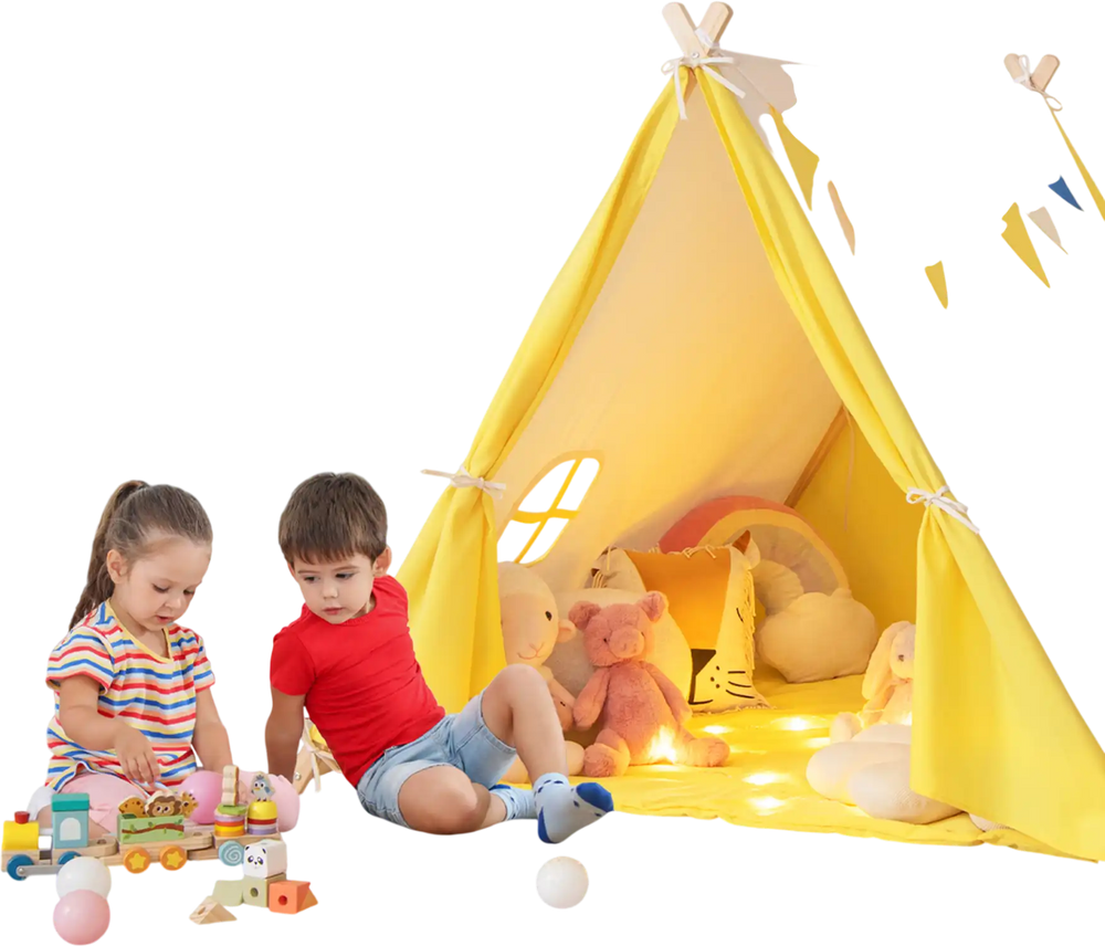 Kids play tent in yellow with solid wood frame, perfect for indoor play and reading, featuring cute windows and flags.