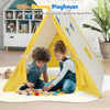 Kids play tent in yellow with solid wood frame, perfect for indoor or outdoor fun for 2 kids or 1 parent and child.