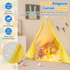 Kids play tent in yellow with solid wood frame, perfect for indoor and outdoor fun, featuring cute windows and flags.