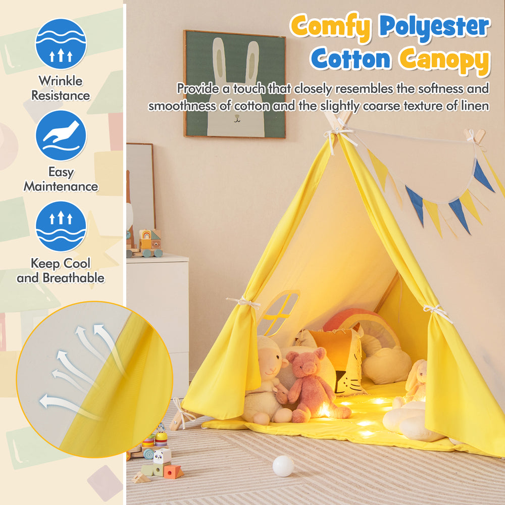 Kids play tent in yellow with solid wood frame, perfect for indoor and outdoor fun, featuring cute windows and flags.