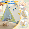 Kids play tent with solid pine wood frame, yellow canopy, and triangular structure for safe indoor and outdoor fun.