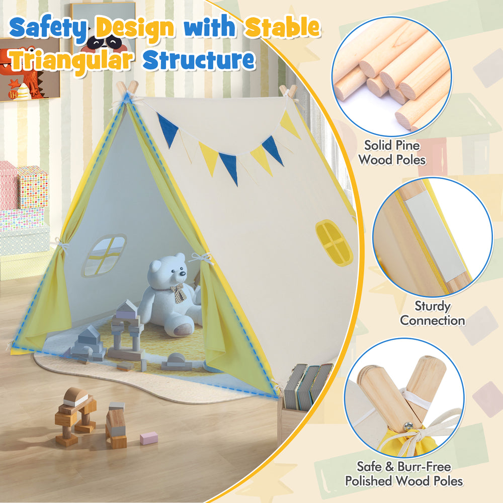 Kids play tent with solid pine wood frame, yellow canopy, and triangular structure for safe indoor and outdoor fun.