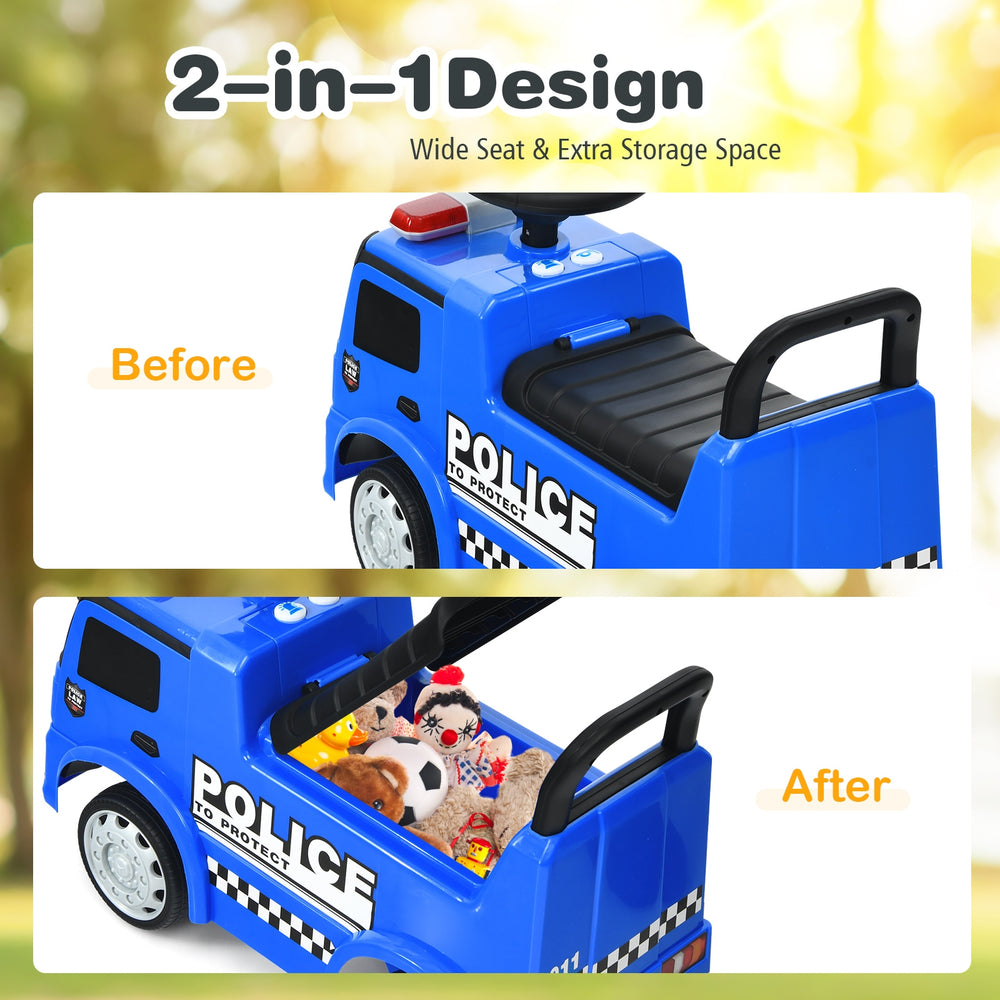 Blue Mercedes Benz kids ride-on police car showing wide seat and hidden storage space for toys and snacks.