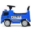 Blue Mercedes Benz kids ride-on push police car with steering wheel, sound buttons, and hidden storage for toddlers.